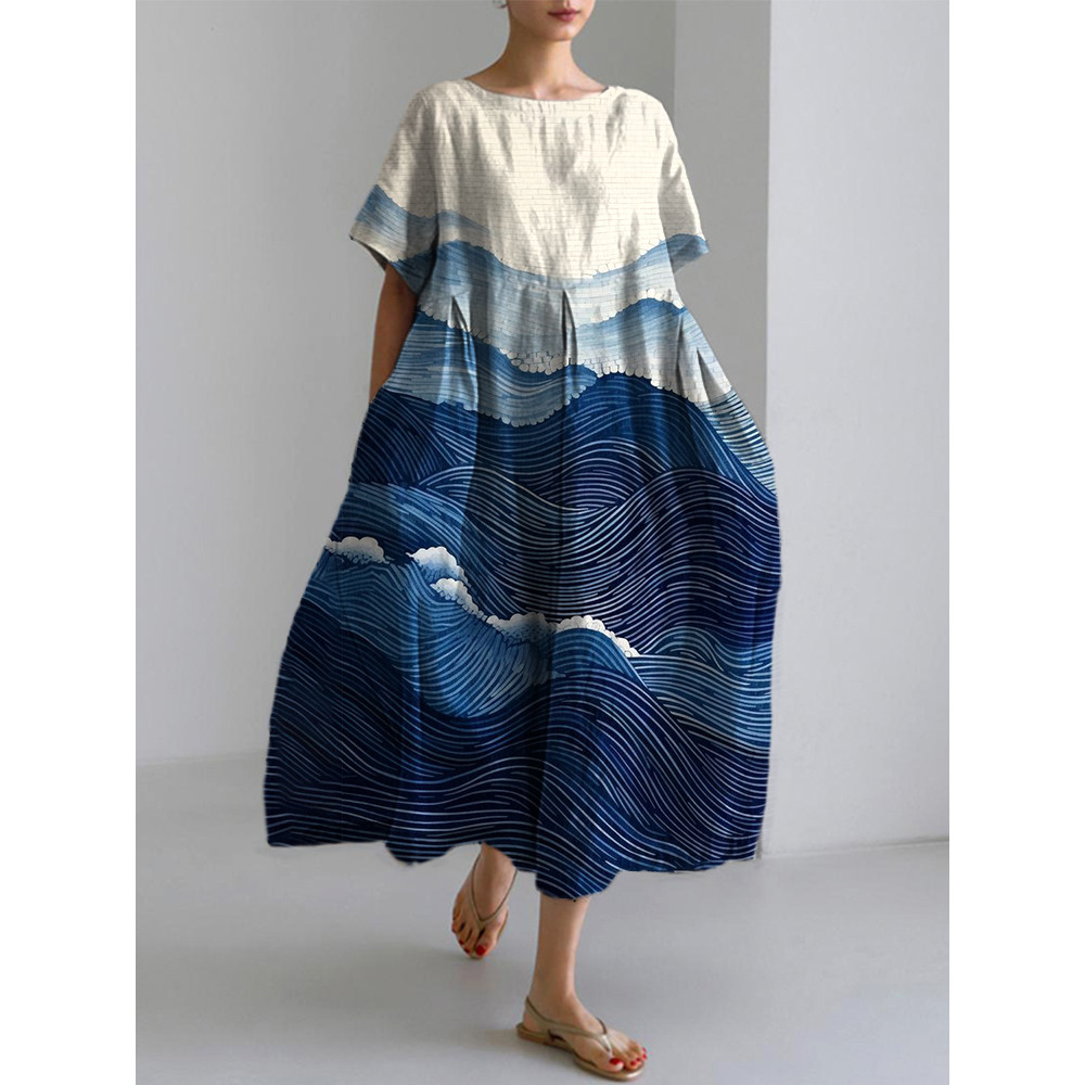 Vintage Japanese Art Sea Wave Linen Blend Maxi Dress