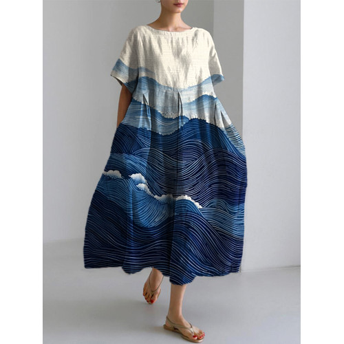 Vintage Japanese Art Sea Wave Linen Blend Maxi Dress