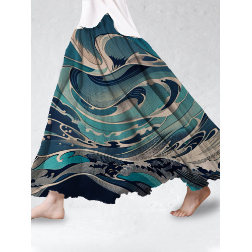 Vintage Japanese Art  Wave Cotton Linen Flowy Skirt