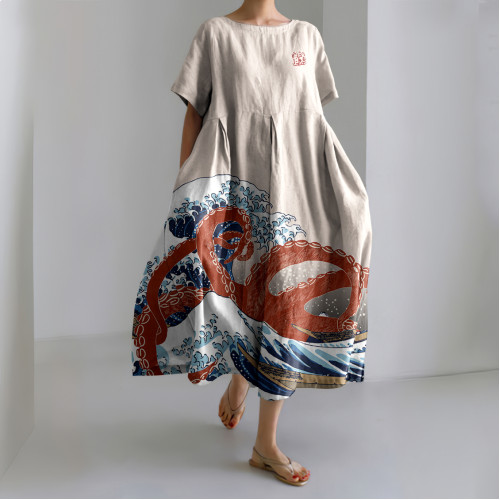 Vintage Japanese Art Waves Octopus Print Casual Midi Dress