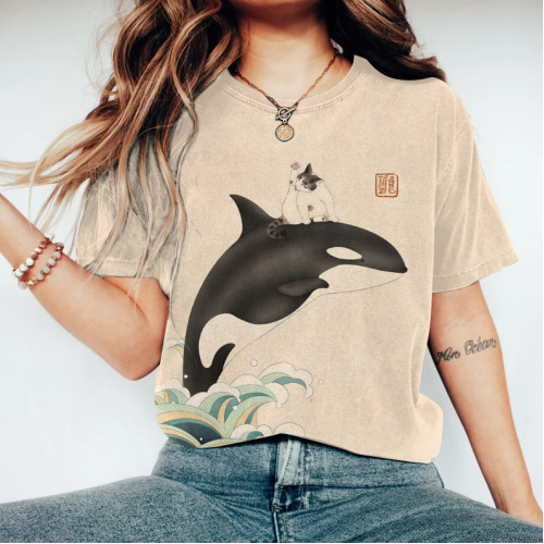 Vintage Japanese Art Whale And Cat Wave Print Casual T-Shirt