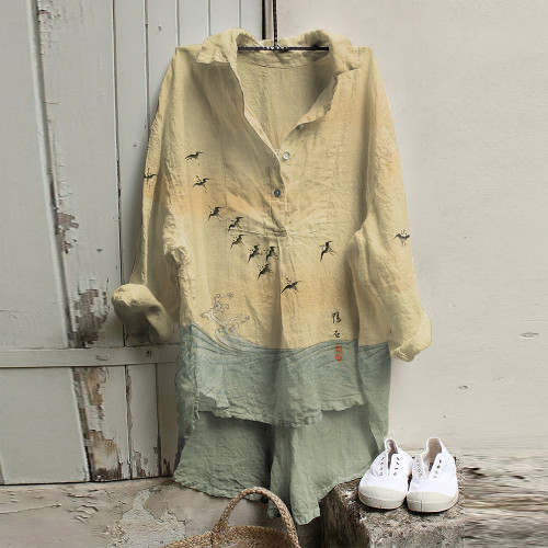 Vintage Japanese Birds Waves Art Prints Cotton Blend Long Sleeve Casual Shirt