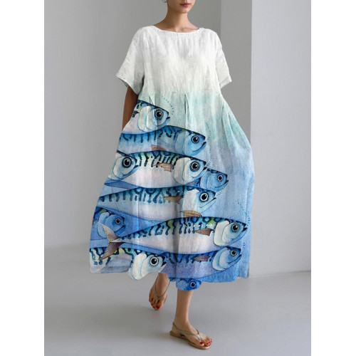 Vintage Japanese Fish Linen Blend Maxi Dress
