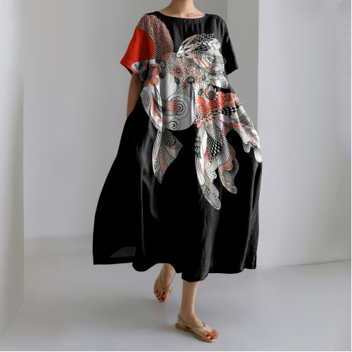 Vintage Japanese Fish & Red Sun Art Linen Blend Long Dress