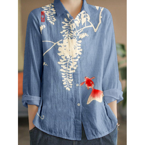 Vintage Japanese Goldfish Art Linen Blend Blouse