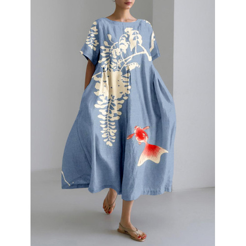 Vintage Japanese Goldfish Art Linen Blend Maxi Dress