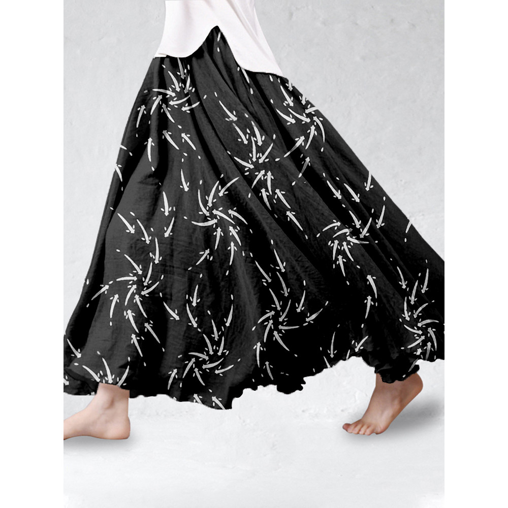 Vintage Japanese Medaka Fish Art Linen Blend Flowy Wide Skirt