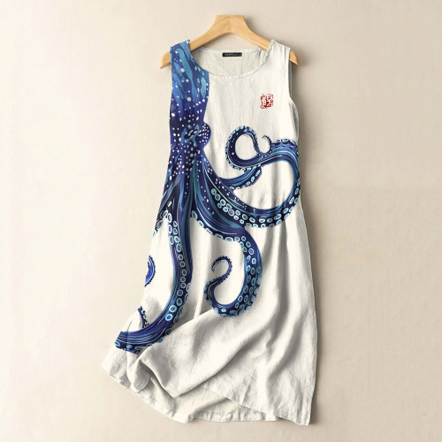 Vintage Japanese Octopus Art Print Sleeveless Cotton And Linen Midi Dress