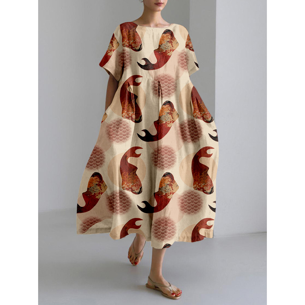 Vintage Japanese Red Fish Art Linen Blend Maxi Dress