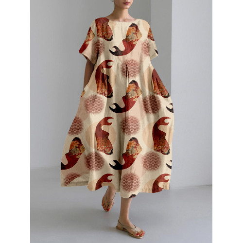 Vintage Japanese Red Fish Art Linen Blend Maxi Dress