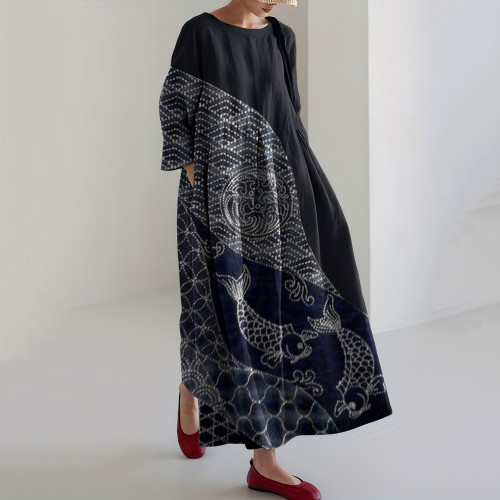 Vintage Japanese Traditional Koi Waves Patchwork Art Cropped Print Casual Midi Dress