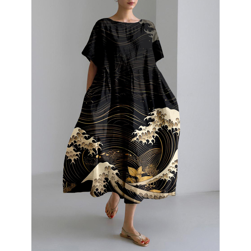 Vintage Japanese Waves Pattern Linen Blend Maxi Dress