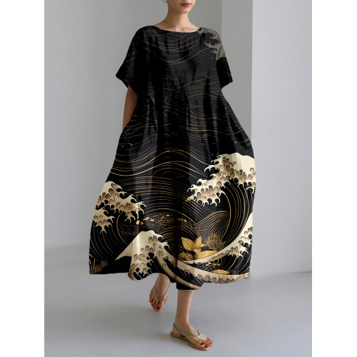 Vintage Japanese Waves Pattern Linen Blend Maxi Dress