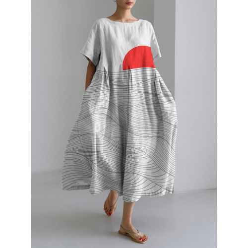 Vintage Japanese Waves & Sun Art Linen Blend Maxi Dress