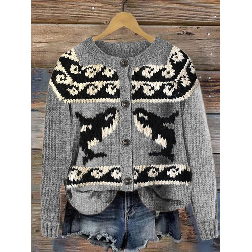 Vintage Killer Whale Waves Inspired Cozy Knit Cardigan