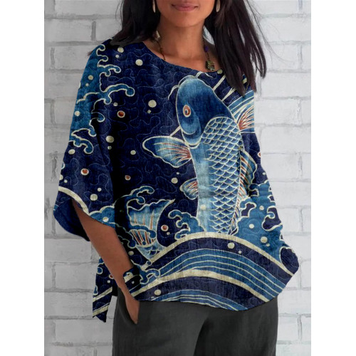 Vintage Koi Art Pattern Linen Blend Cozy Tunic