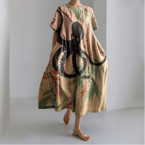 Vintage Loose Japanese Art Octopus Blossom Print Midi Dress