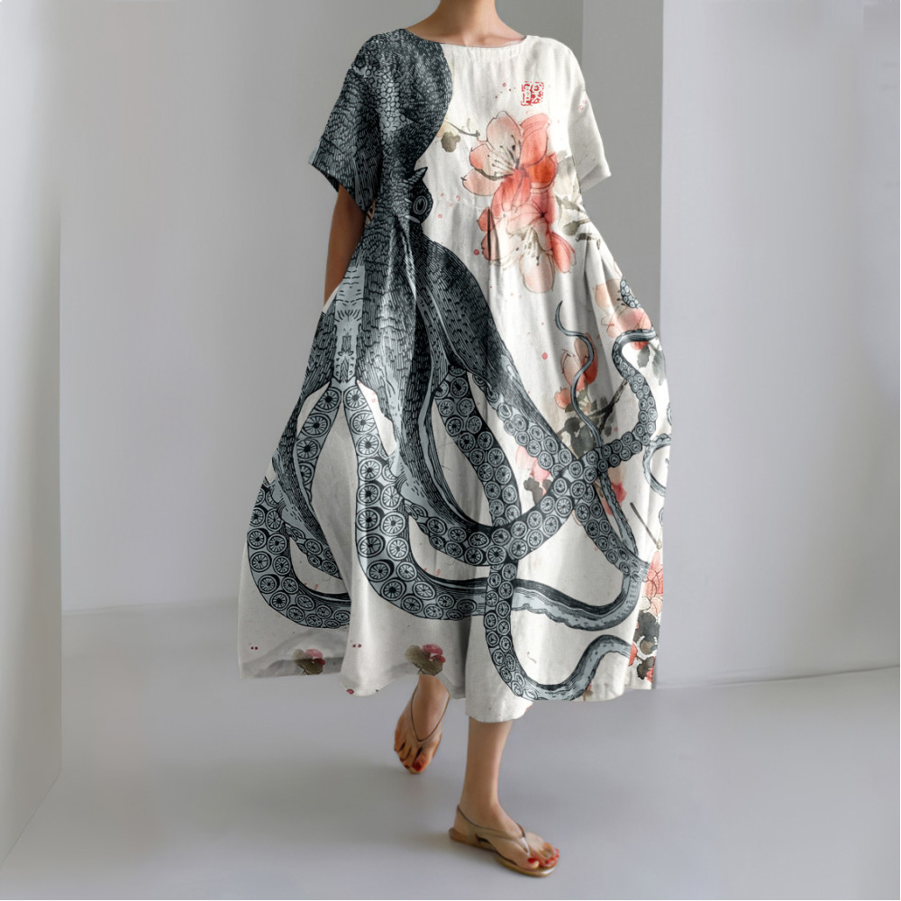 Vintage Loose Japanese Art Octopus Floral Print Midi Dress
