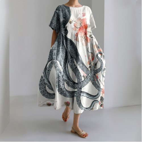Vintage Loose Japanese Art Octopus Floral Print Midi Dress