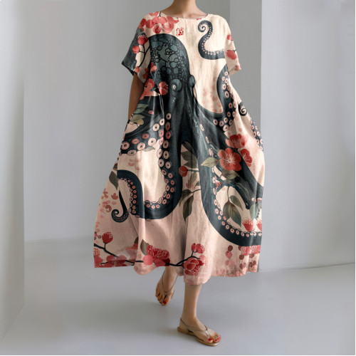 Vintage Loose Japanese Art Octopus and Flowers Painting Print Midi Dress