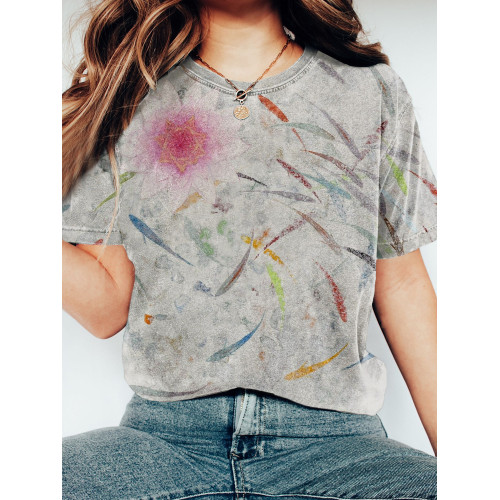 Vintage Lotus & Fish Art Crew Neck Washed T Shirt