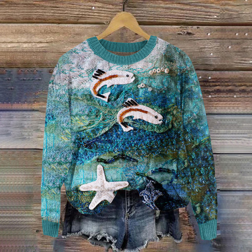 Vintage Ocean Animals Embroidery Pattern Pullover Knitted Sweater