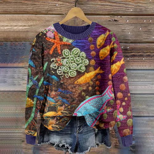 Vintage Ocean Animals Graphic Knitted Pullover Sweater