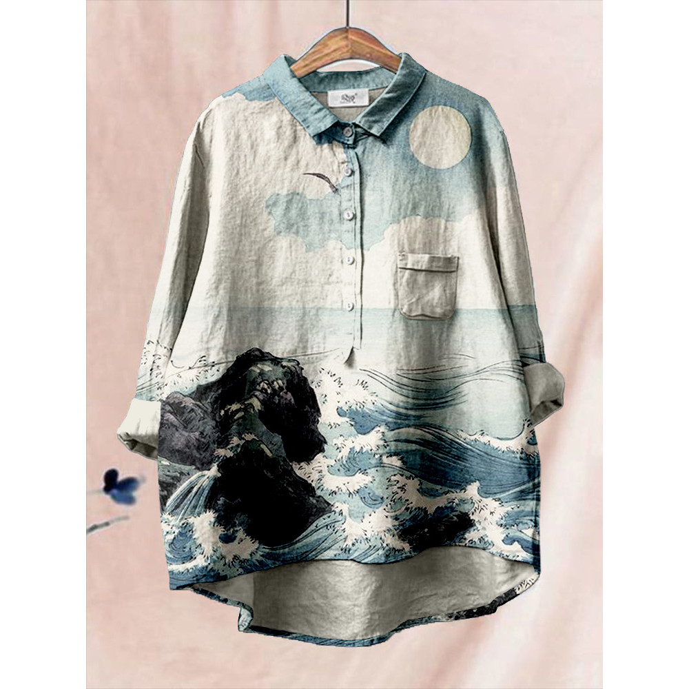 Vintage Ocean Art Linen Blend Comfy Shirt