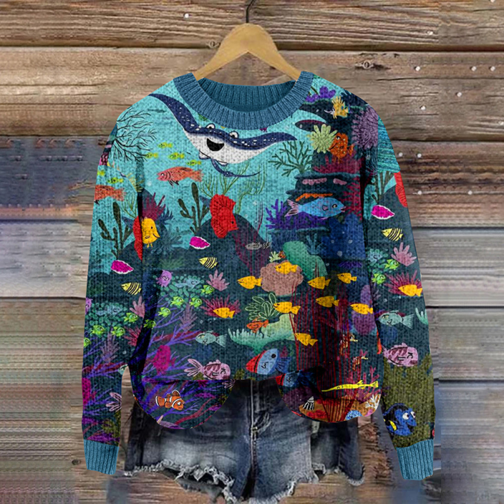 Vintage Ocean Life Pattern Knitted Pullover Sweater