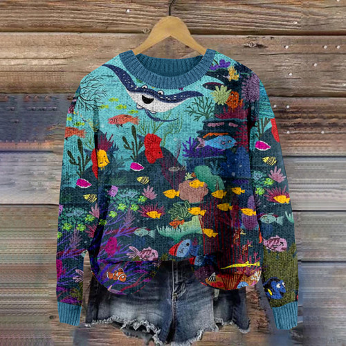 Vintage Ocean Life Pattern Knitted Pullover Sweater