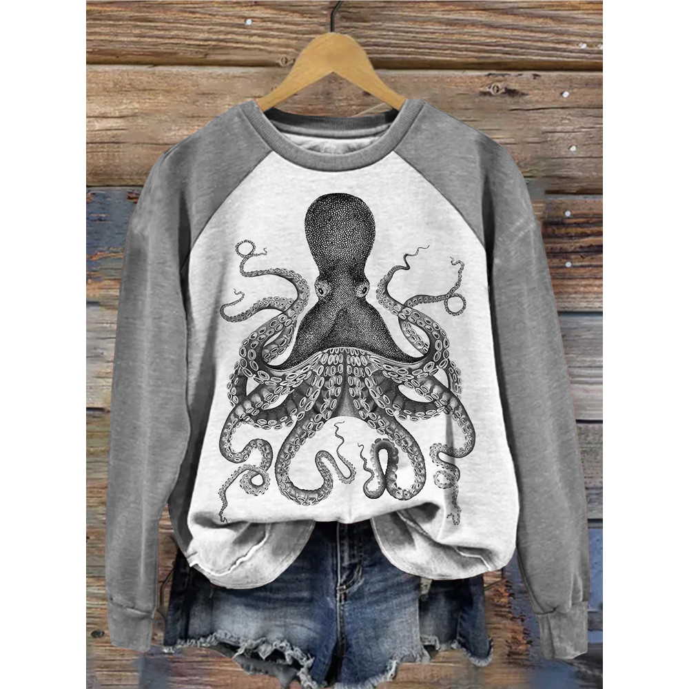 Vintage Octopus Art Contrast Sleeve Comfy Sweatshirt