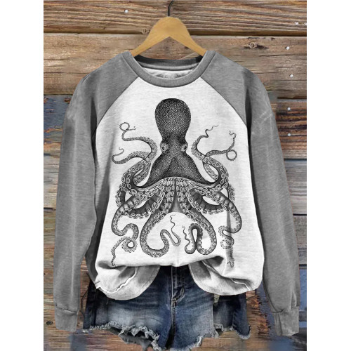 Vintage Octopus Art Contrast Sleeve Comfy Sweatshirt