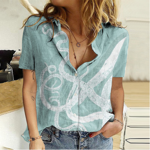 Vintage Octopus Art Pattern Linen Blend Blouse