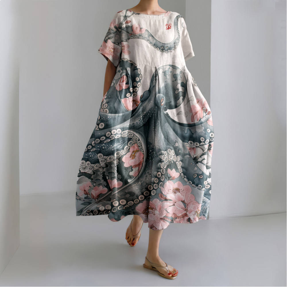 Vintage Octopus Cherry Blossom Painting Art Print Midi Dress