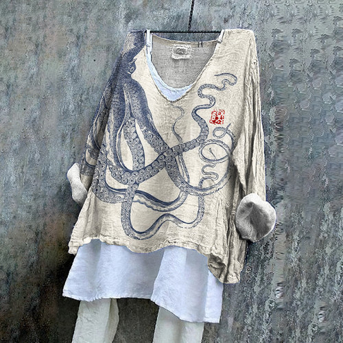 Vintage Octopus Ink Style Art Cotton Linen V Neck Casual Shirt