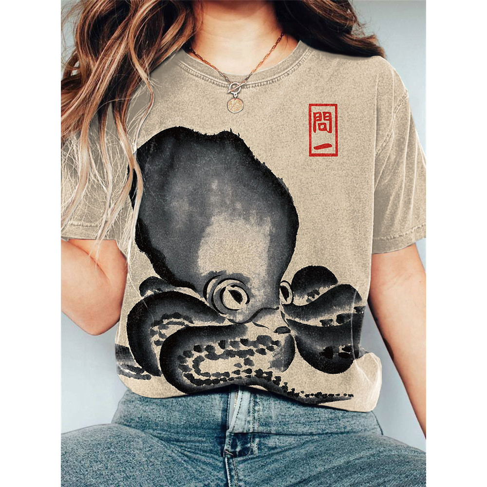 Vintage Octopus Japanese Art Print Casual Cotton T-Shirt