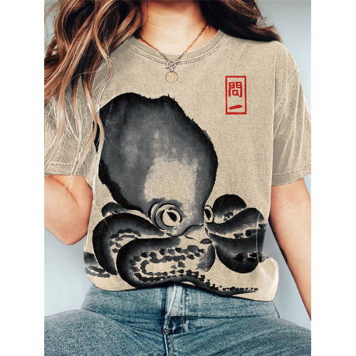 Vintage Octopus Japanese Art Print Casual Cotton T-Shirt