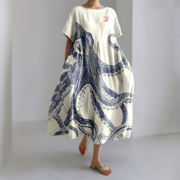 Vintage Octopus Painting Japanese Art Print Midi Dress