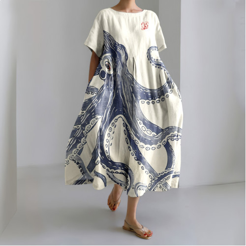 Vintage Octopus Painting Japanese Art Print Midi Dress