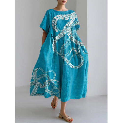 Vintage Octopus Print Linen Blend Dress