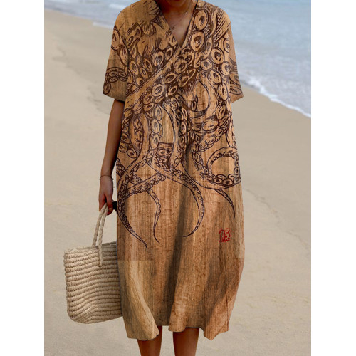 Vintage Octopus Tentacles Art Pattern Printed Women's Flowy Dress