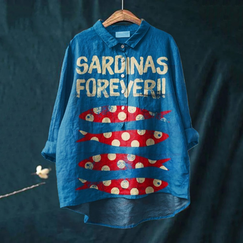 Vintage Sanrdinas Forever Fish Art Print Casual Cotton And Linen Shirt