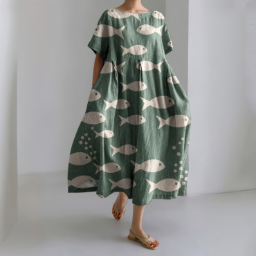 Vintage School Fish Printed Linen Blend Casual Midi Dress