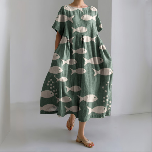 Vintage School Fish Printed Linen Blend Casual Midi Dress