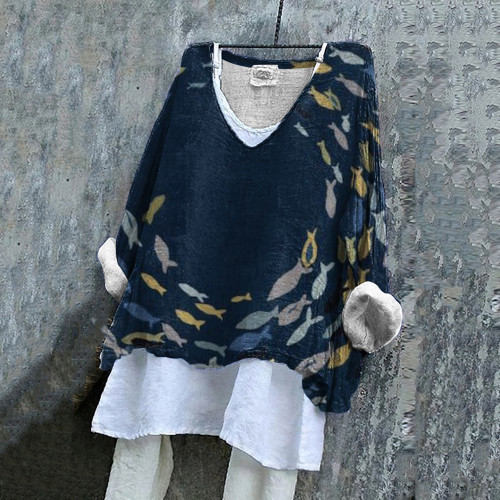 Vintage School Fish Printed Linen Blend Casual Shirt