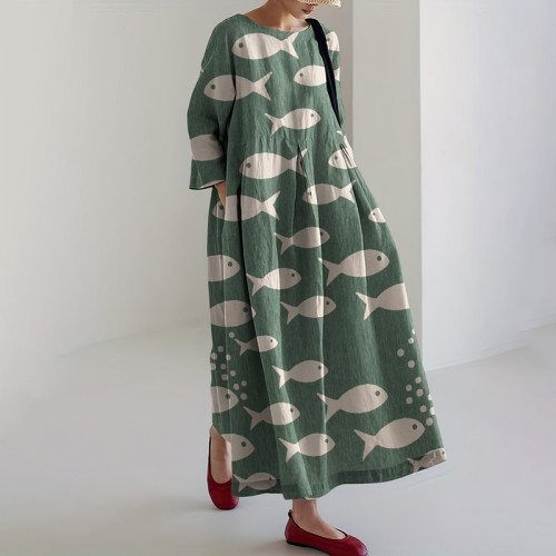 Vintage School Fish Printed Linen Blend Midi Dress