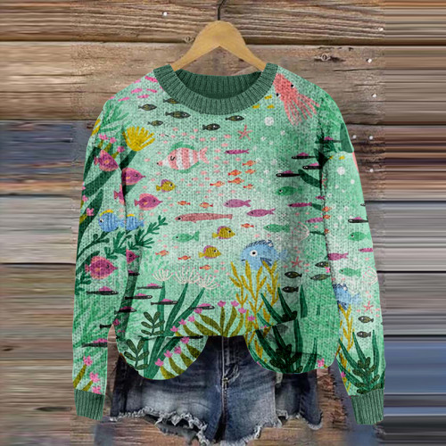 Vintage Sea Plants Graphic Knitted Pullover Sweater