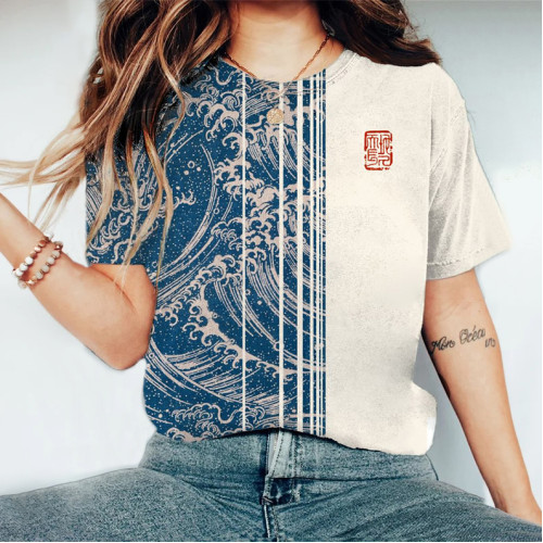 Vintage Sea Wave Art Pattern Print Color Block Short-Sleeved T-Shirt