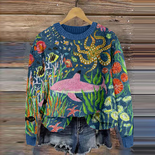 Vintage Undersea World Pattern Knitted Pullover Sweater