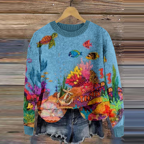 Vintage Underwater Animals Knitted Pullover Sweater